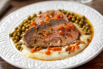 Roast Beef With Mashed Potatoes and Peas