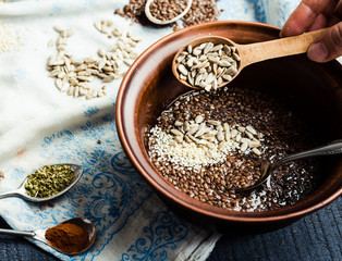 cooking process of handmade crackers from flax, sesame, sunflowe