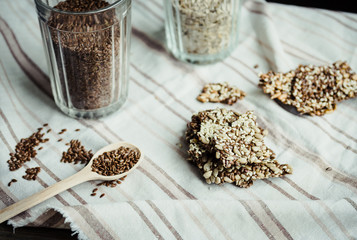 flaxen bars with sunflower seeds, sesame seeds and spices, healt