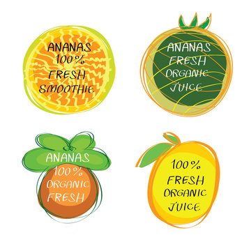 Fresh juice -  Health Food Headings vector set  - Ananas juice circle stickers with inscription fresh. Calligraphic Organic food hand drawn icons collection isolated on white background. Eps 10.
