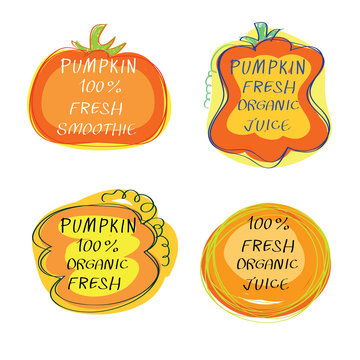 Fresh juice -  Health Food Headings vector set  - Pumpkin juice stickers with inscription fresh. Calligraphic Organic food hand drawn icons  collection isolated on white background. Eps 10.