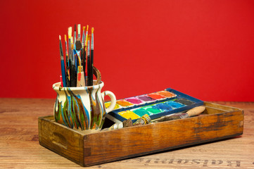 creative activity painting supplies brushes colors in wood box vintage look