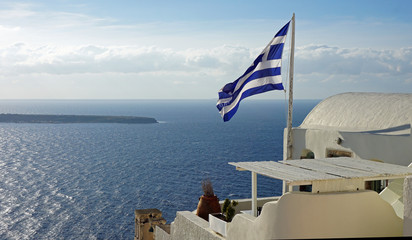 view over small oia village on santorini island