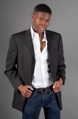 Handsome African American Man in Blazer and Jeans