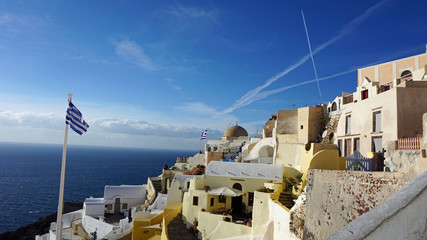 view over small oia village on santorini island
