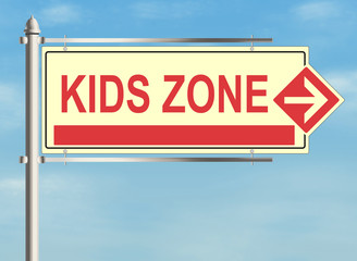 Kids zone. A road sign on the sky background. Raster illustration.