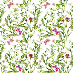 Meadow with butterflies, herbs and flowers. Seamless watercolor floral pattern.