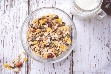 Delicious and healthy cereal in bowl with milk