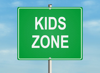 Kids zone. A road sign on the sky background. Raster illustration.