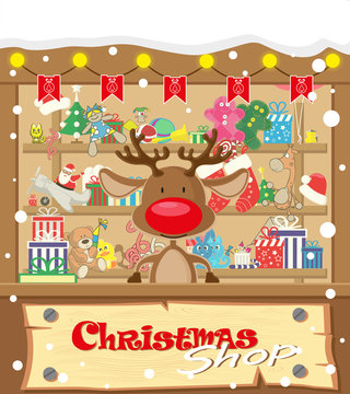 Vector banner Christmas shop wih Deer and gifts, toys, dolls, present box and lamp garlands with flags