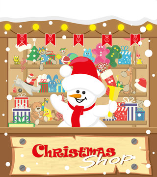 Vector banner Christmas shop wih Snowman and gifts, toys, dolls, present box and lamp garlands with flags