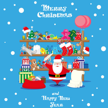 Vector banner Christmas shop wih Santa Claus and gifts, toys, dolls and present box isolated on blue background