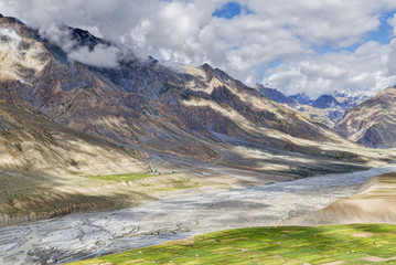 Panorama of Spiti valley green fields and snow peaks background