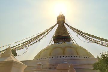 Sun shining above boudnath stupa in Kathmandu Nepal