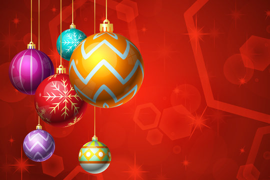 Ornaments Hanging over Red Christmas Background