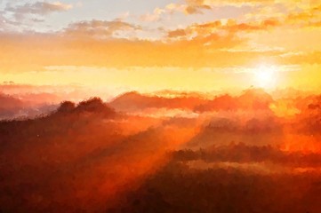 Watercolor paint. Paint effect. Red misty landscape panorama in mountains. Fantastic dreamy sunrise in mountains above foggy misty valley below