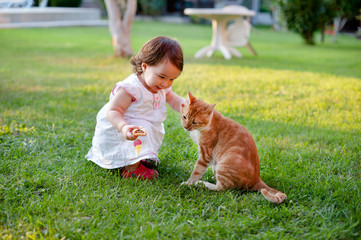 Lovely little girl playing with a cat on green grass garden