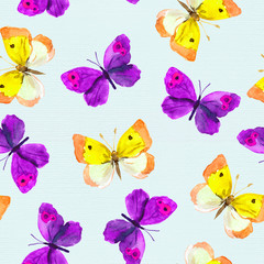 Vintage seamless pattern with bright watercolor hand painted retro butterflies on cyan old paper texture 