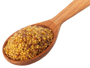 Wholegrain mustard in wooden spoon