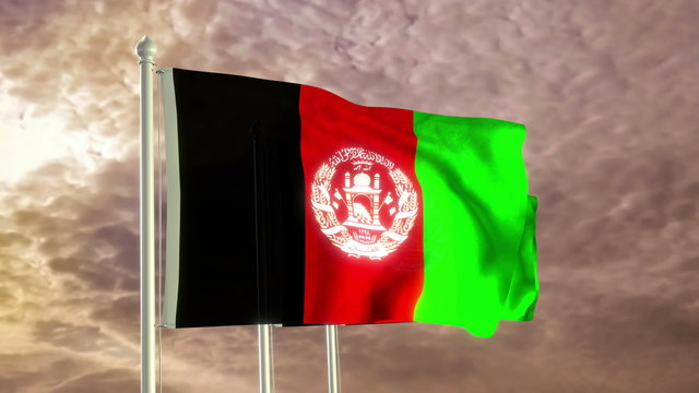 Three flags of Afghanistan waving in the wind (4K high detailed 3D render) with a dramatic sky in the background
