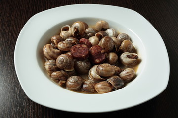 white dish with snails cooked in sauce