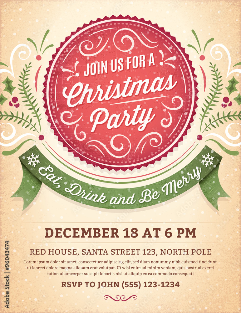 Wall mural christmas party invitation with a big red label and a green ribb