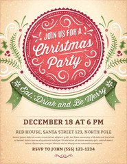Christmas Party Invitation with a Big Red Label and a Green Ribb