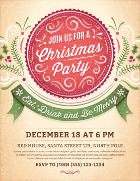 Christmas Party Invitation with a Big Red Label and a Green Ribb
