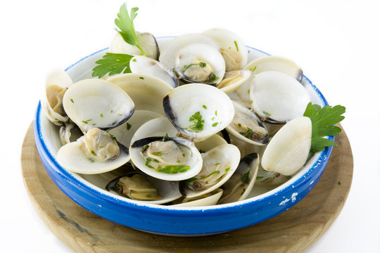 Open clams with parsley on blue napkin, isolated background