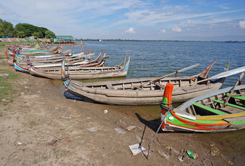 The wooden boats in lake Taungthaman near Mandalay, Myanmar.