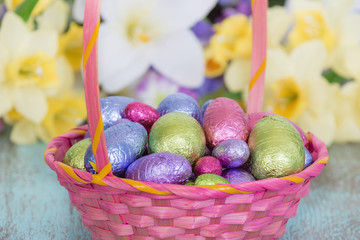 Chocolate eggs in a pink Easter basket, spring flowers in the background