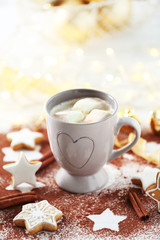 Beautiful composition with cup of cocoa and Christmas cookies