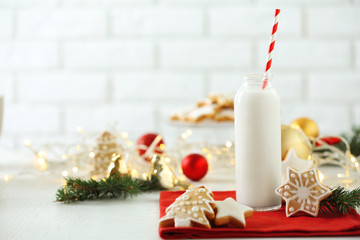 Beautiful composition with Christmas cookies and milk