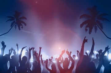 Silhouettes of People Dancing Beach Party Concept - obrazy, fototapety, plakaty
