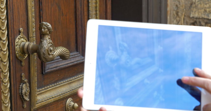 Taking shot of vintage door with pad
