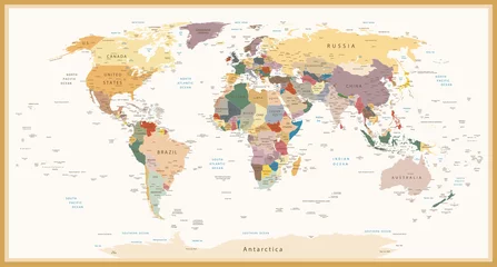 Foto op Plexiglas Wereldkaart Zeer gedetailleerde politieke wereldkaart Vintage kleuren