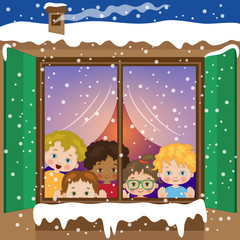 Nevicata con Bimbi Alla Finestra - Snowing with Children at the Window
