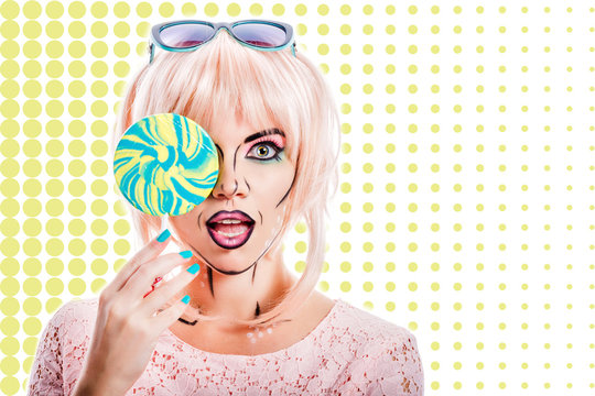Girl with makeup in the style of pop art and lollipop. Color bac