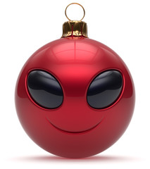 Smiley alien face Christmas ball Happy New Year's Eve bauble cartoon cute emoticon decoration red. Merry Xmas cheerful funny smile person character toy laughing eyes joy adornment concept. 3d render