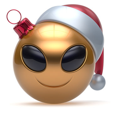 Christmas ball Happy New Year's Eve bauble smiley alien face cartoon cute emoticon decoration gold. Merry Xmas cheerful funny smile Santa hat person character toy laughing eyes joy adornment 3d render