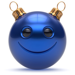 Christmas ball smiley face Happy New Year's Eve emoticon bauble cartoon cute decoration blue. Merry Xmas cheerful funny smile person character toy laughing joyful adornment souvenir concept. 3d render