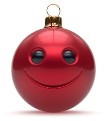 Smiley face Christmas ball emoticon Happy New Year's Eve cartoon bauble cute decoration red. Merry Xmas cheerful funny smile person character toy laughing joyful adornment souvenir concept. 3d render