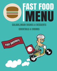 Brochure or poster Restaurant fast foods menu with people fast d