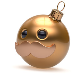 Christmas ball emoticon Happy New Year's Eve bauble ornament cartoon mustache face decoration cute golden. Merry Xmas cheerful funny person laughing character toy souvenir adornment concept. 3d render