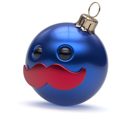 Christmas ball emoticon Happy New Year's Eve bauble ornament cartoon mustache face decoration cute blue. Merry Xmas cheerful funny person laughing character toy souvenir adornment concept. 3d render