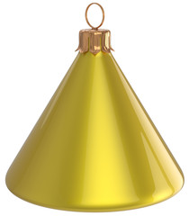 Christmas ball cone geometric New Year's Eve unusual bauble yellow decoration hanging adornment. Traditional wintertime holidays home ornament Merry Xmas event symbol shiny blank. 3d render isolated