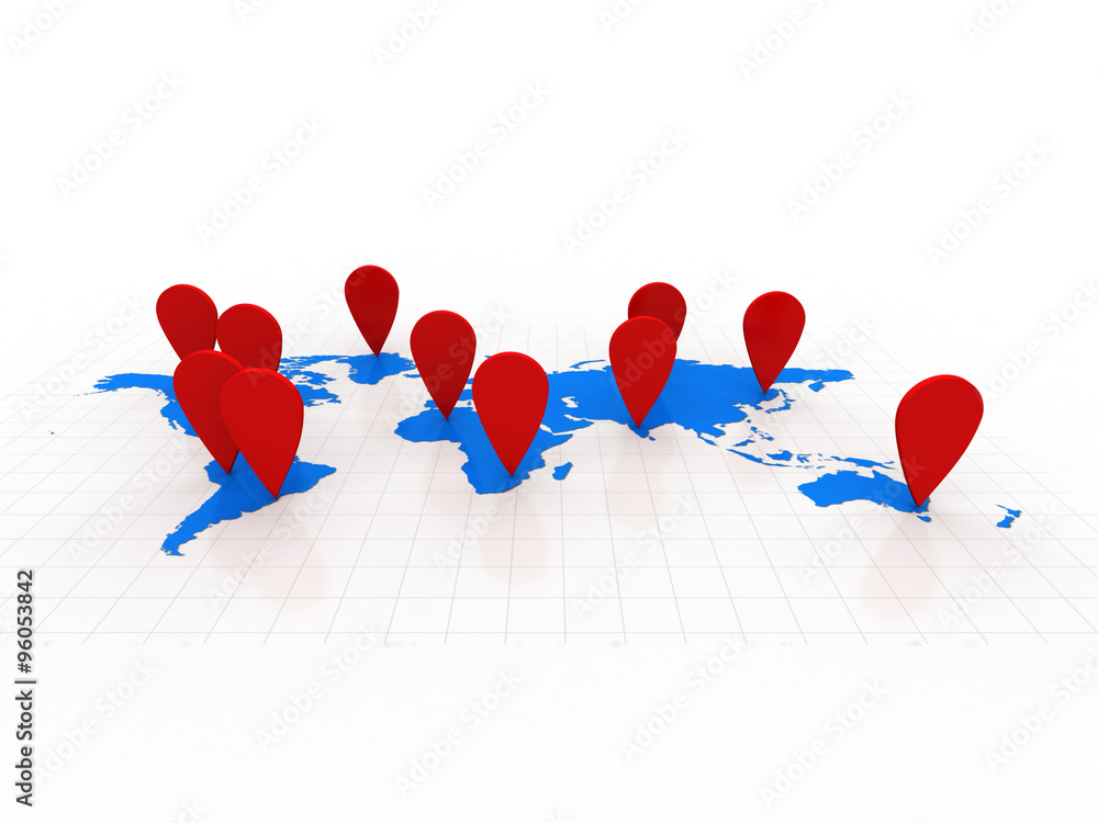 Poster 3d rendering red map pointer with world map