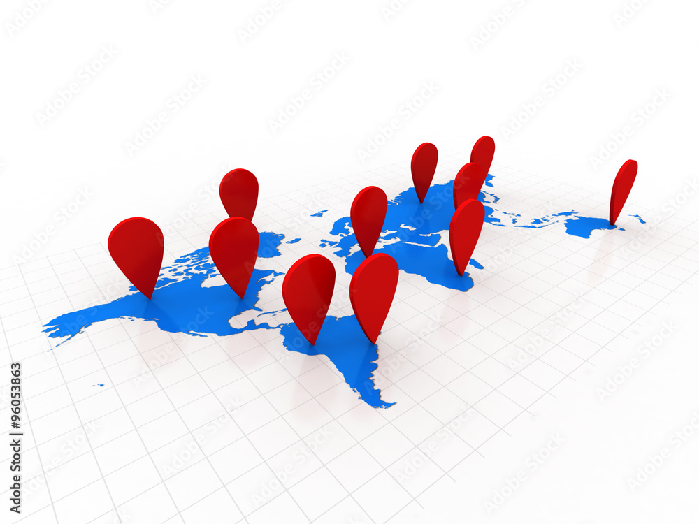 Poster 3d rendering red map pointer with world map