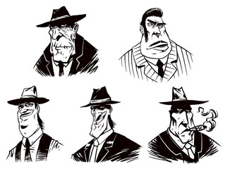 Vector Set of Gangsters. Cartoon image of five gangster of different ages in suits and hats, painted in black on a white background.