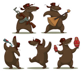 Obraz premium Vector cartoon image of five funny Russian brown a bear in hat with earflaps in various poses with an assault rifle, a balalaika, vodka and matryoshka dolls on a white background.